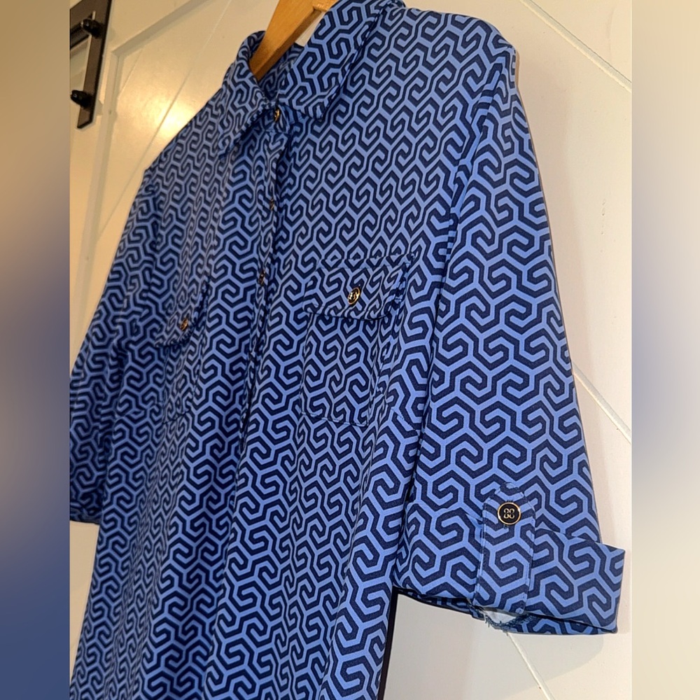 J. McLAUGHLIN Lawrence shirt Dress Blue Honeycomb Roll Tab Catalina Cloth Large - Picture 8 of 14